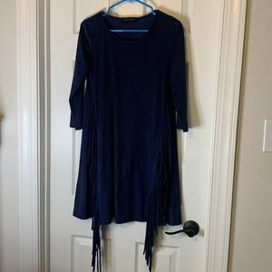 Navy Suede Fringe 3/4 Sleeve Dress